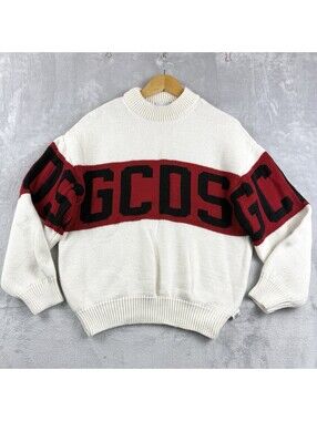 GCDS Logo Sweater Cream Red Black Merino Wool Blend Oversized Knit Pullover XS